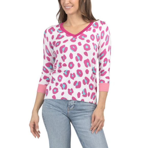 EDINBURGH KNITS Magenta Pima Cotton Leopard Print V-neck Sweater - Picture 1 of 2